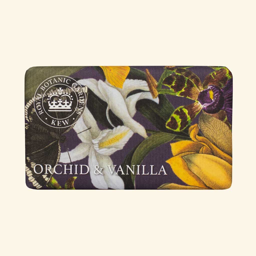 “Rechteckige Seifendose mit floraler Illustration in Lila, Weiß und Gelb, Aufschrift: Orchid & Vanilla.”