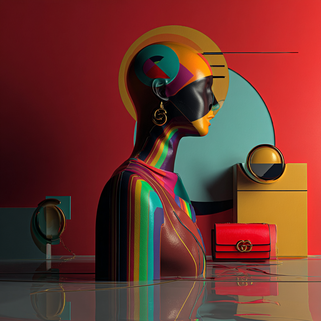 futuristisches porträt mit regenbogenfarben und goldenen akzenten vor rotem hintergrund