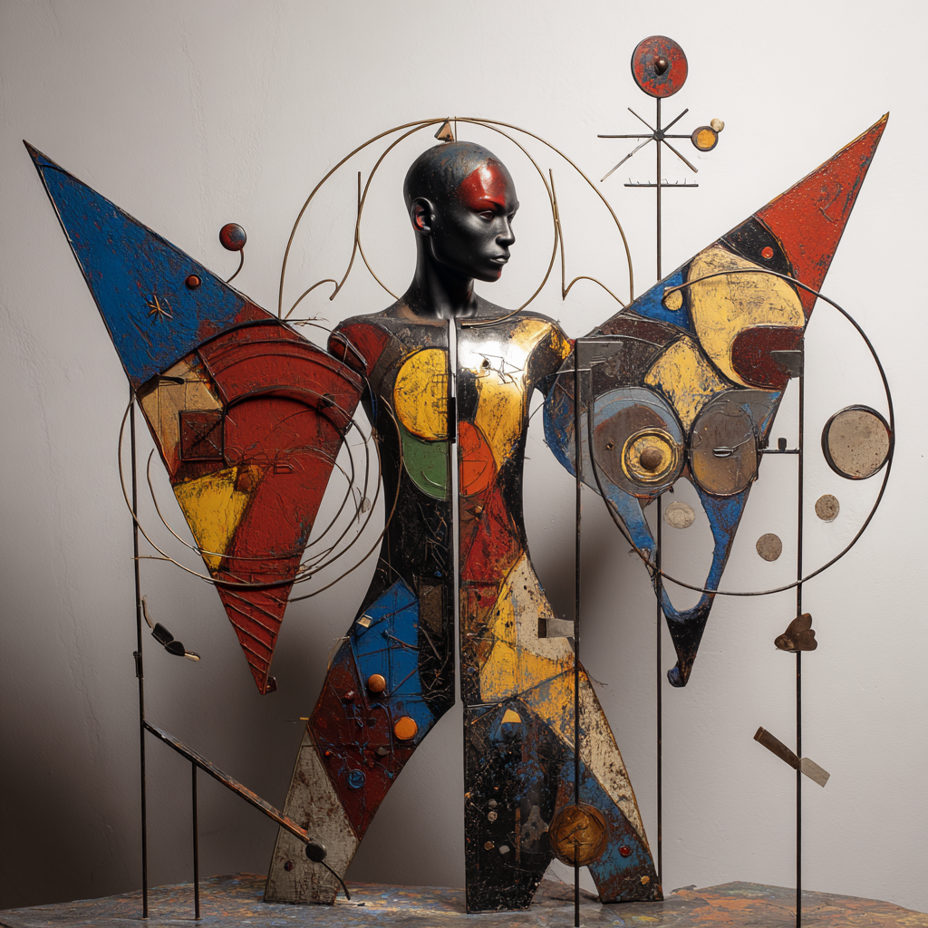 abstrakte skulptur mit geometrischen formen in rot blau gelb und schwarz
