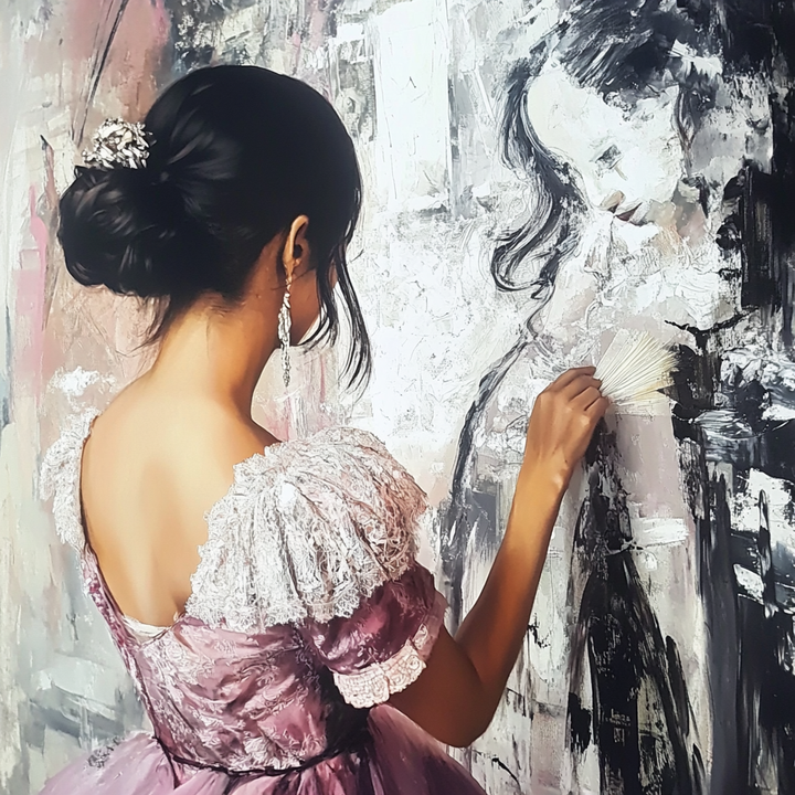 Frau in pastellfarbenem Kleid malt an einem großen, expressiven Porträt einer Frau; zarte Pinselstriche und sanfte Lichtführung schaffen eine poetische Atmosphäre.