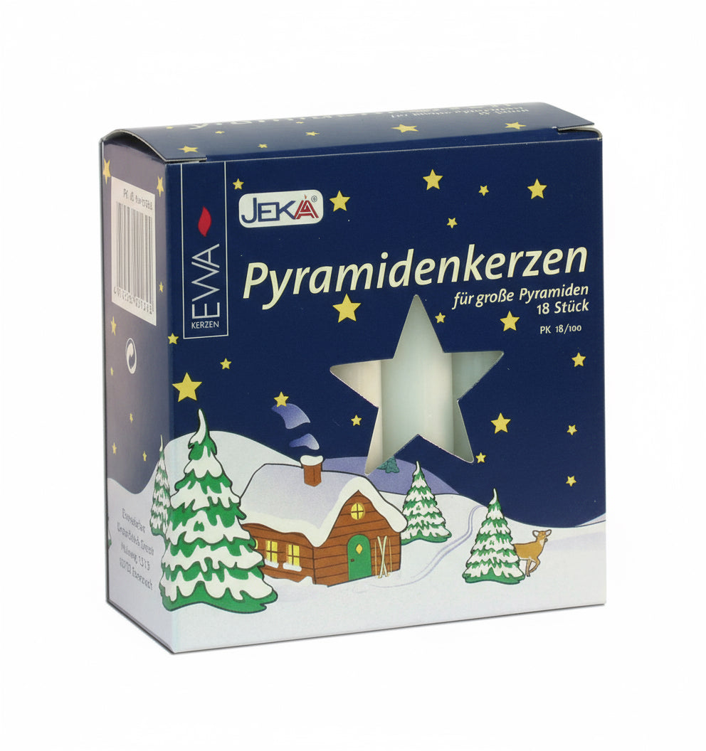 EWA Pyramidenkerzen in Weiß – 18 Stück für große Weihnachtspyramiden, fein gezogen, gleichmäßiger Abbrand, klassische Verpackung mit Wintermotiv.