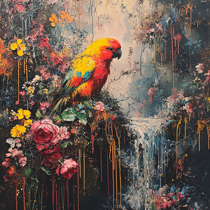 Bunter Papagei inmitten von Blumen und tropischer Vegetation, gemalt in lebhaften Farben mit Texturen aus Farbverläufen und Tropfen.