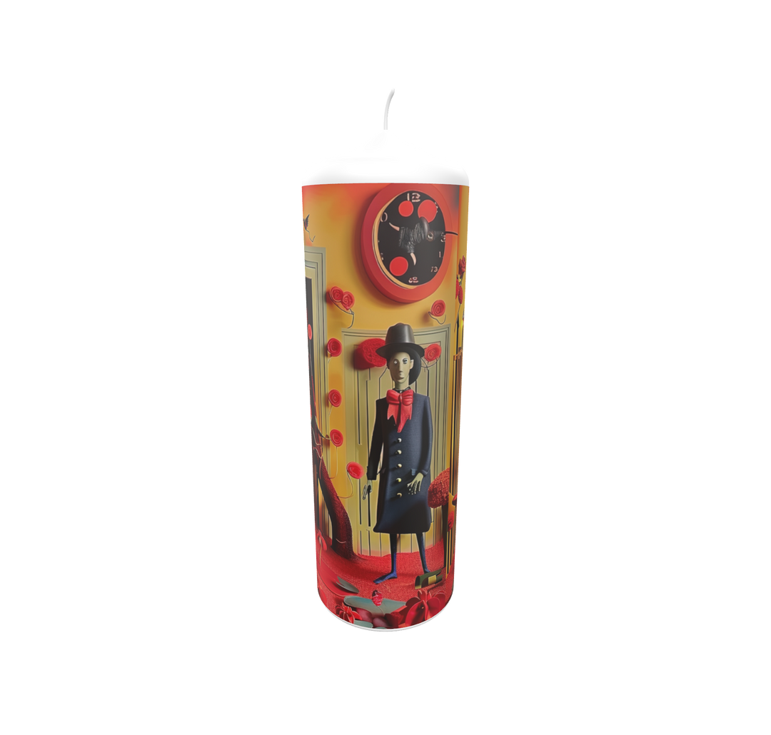 Künstlerkerze mit maskierter Figur in rotem und goldenem Farbspektrum.