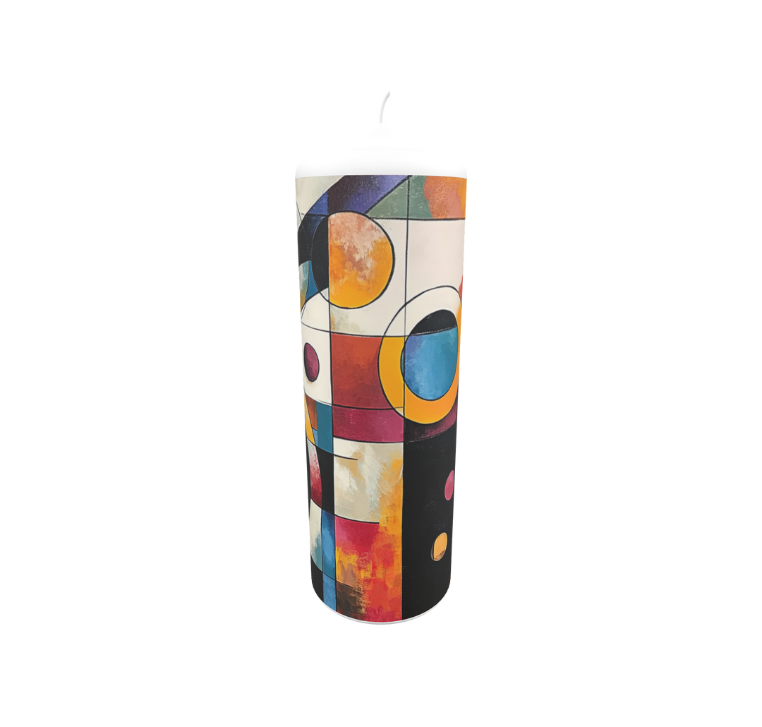 Künstlerkerze mit abstrakten geometrischen Formen und kräftigen Farben – moderne Komposition aus Kreisen, Flächen und Linien in harmonischer Balance.