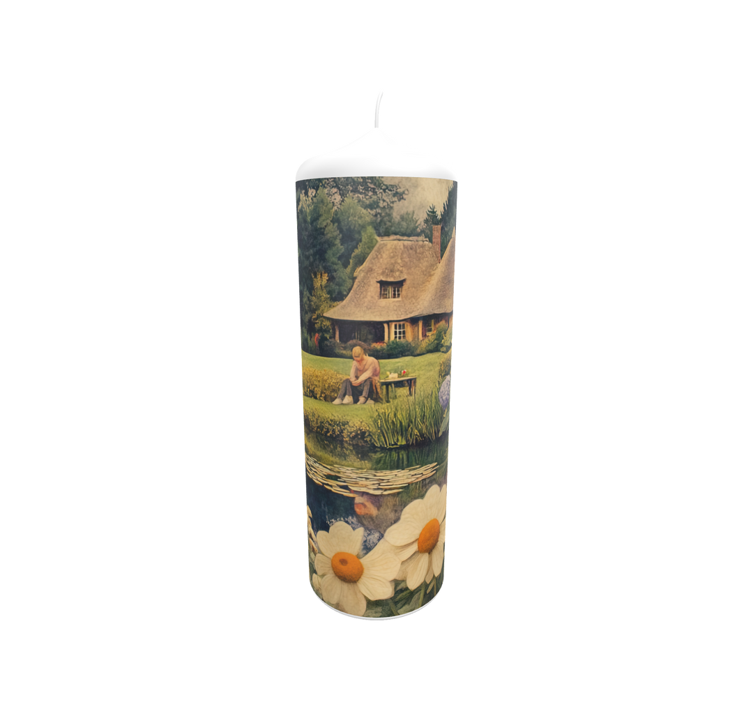 Künstlerkerze mit friedlicher Landschaft, Haus am Teich und Blumenwiese – malerisches Motiv in sanften Naturfarben.