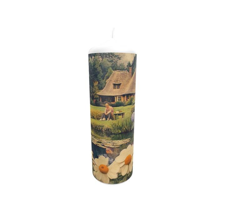 Künstlerkerze mit friedlicher Landschaft, Haus am Teich und Blumenwiese – malerisches Motiv in sanften Naturfarben.
