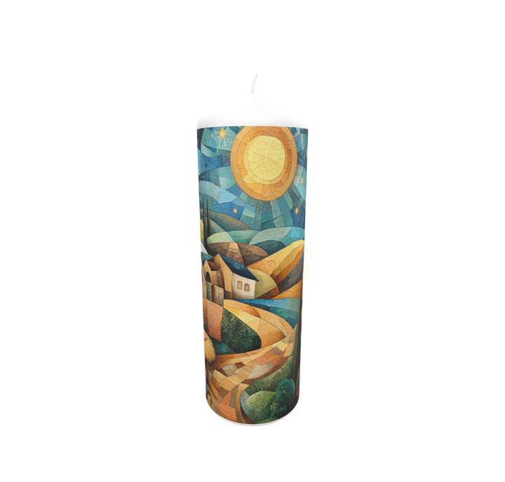 Künstlerkerze mit Symbolik von Geburt und Sternenlicht – stilisierte Landschaft mit Sonne, Sternenhimmel und sanften Formen in warmen Farben.