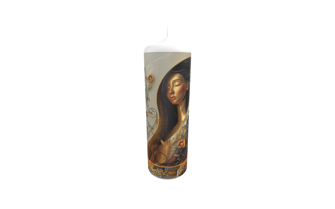 Künstlerkerze mit Frauenporträt in goldenen Herbstfarben – Symbol für Schönheit, Melancholie und die Ruhe des Lichts.