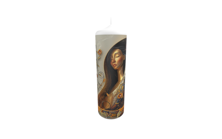 Künstlerkerze mit Frauenporträt in goldenen Herbstfarben – Symbol für Schönheit, Melancholie und die Ruhe des Lichts.