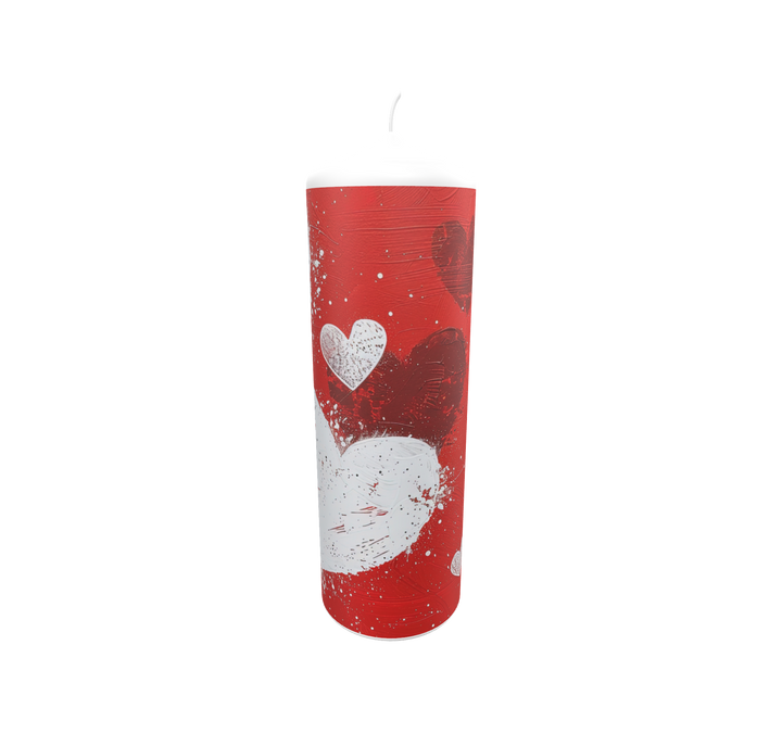 Künstlerkerze mit rotem Grund und weißen Herzen – lebendige Komposition aus Bewegung, Gefühl und Symbolik.