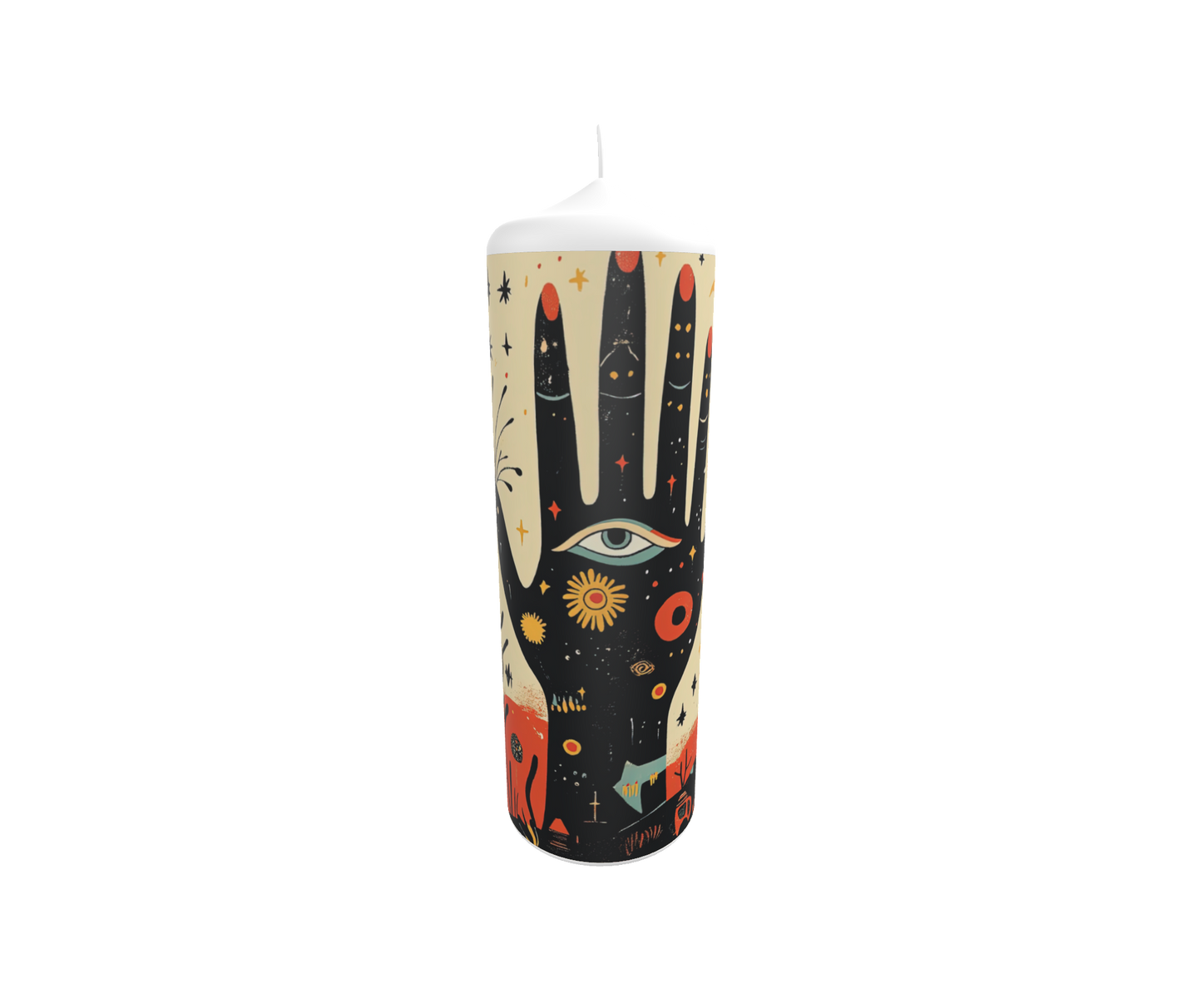 Künstlerkerze mit stilisierter Hand und All-Motiven
