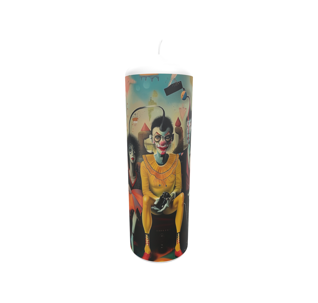 Künstlerkerze mit expressiven Masken und farbintensiven Figuren in surrealer Szene.