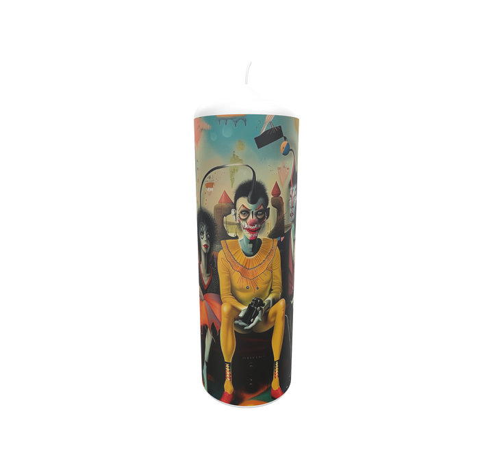 Künstlerkerze mit expressiven Masken und farbintensiven Figuren in surrealer Szene.