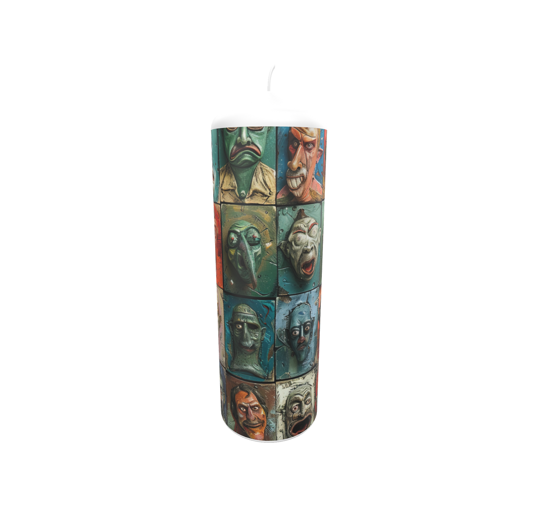Künstlerkerze mit expressivem Gesichtermotiv in kräftigen Farben – Karnevalsfratzen als Symbol menschlicher Emotionen, handgefertigt in Deutschland.