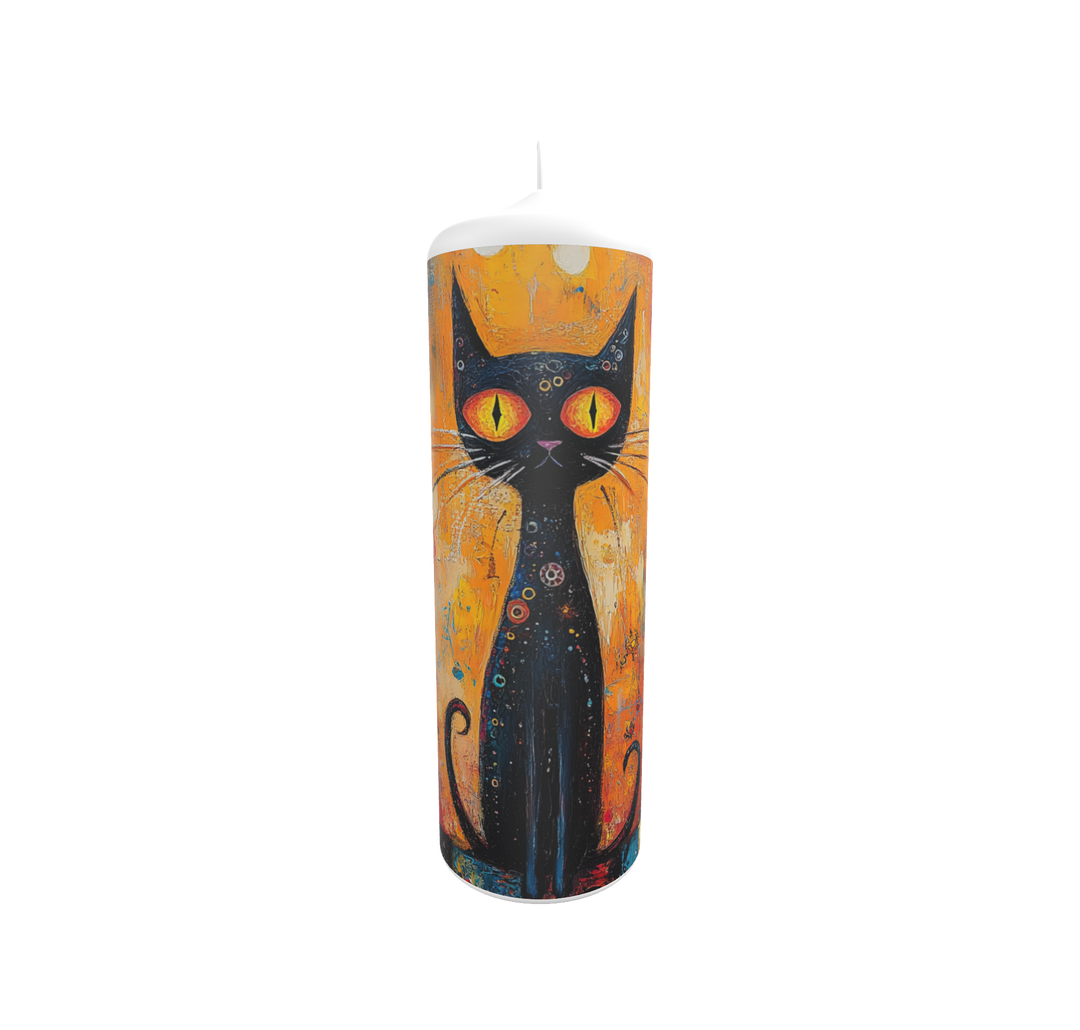 Künstlerkerze mit großer schwarzer Katze vor gold-orangefarbenem Hintergrund – mystisches Design mit leuchtenden Augen und kosmischem Flair.