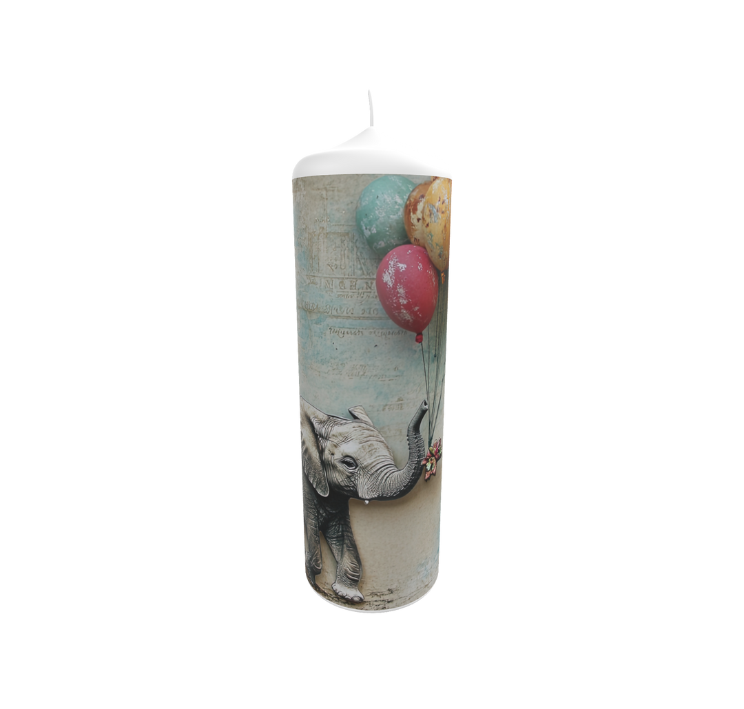 Künstlerkerze mit Elefant und bunten Ballons – symbolisches Motiv für Freiheit, Leichtigkeit und Lebensfreude in sanften Farben.
