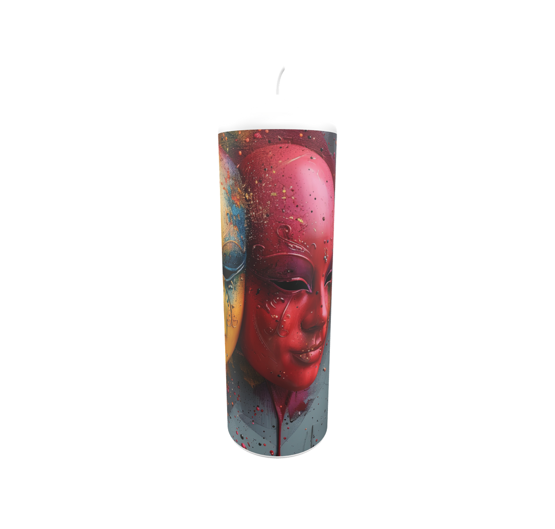Künstlerkerze mit rotem Porträt und verdecktem Gesicht – emotionaler Ausdruck zwischen Licht, Farbe und Symbolik.