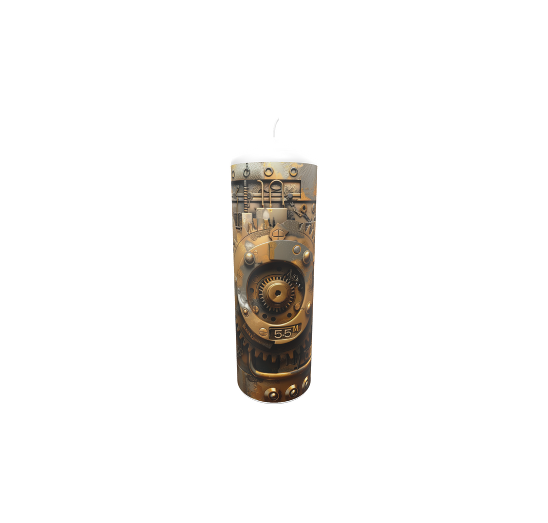 Künstlerkerze mit Zahnradmotiv und antiker Uhr – symbolische Darstellung von Zeit, Bewegung und Vergänglichkeit.