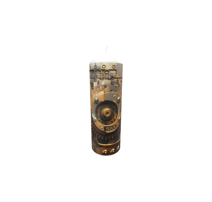 Künstlerkerze mit Zahnradmotiv und antiker Uhr – symbolische Darstellung von Zeit, Bewegung und Vergänglichkeit.