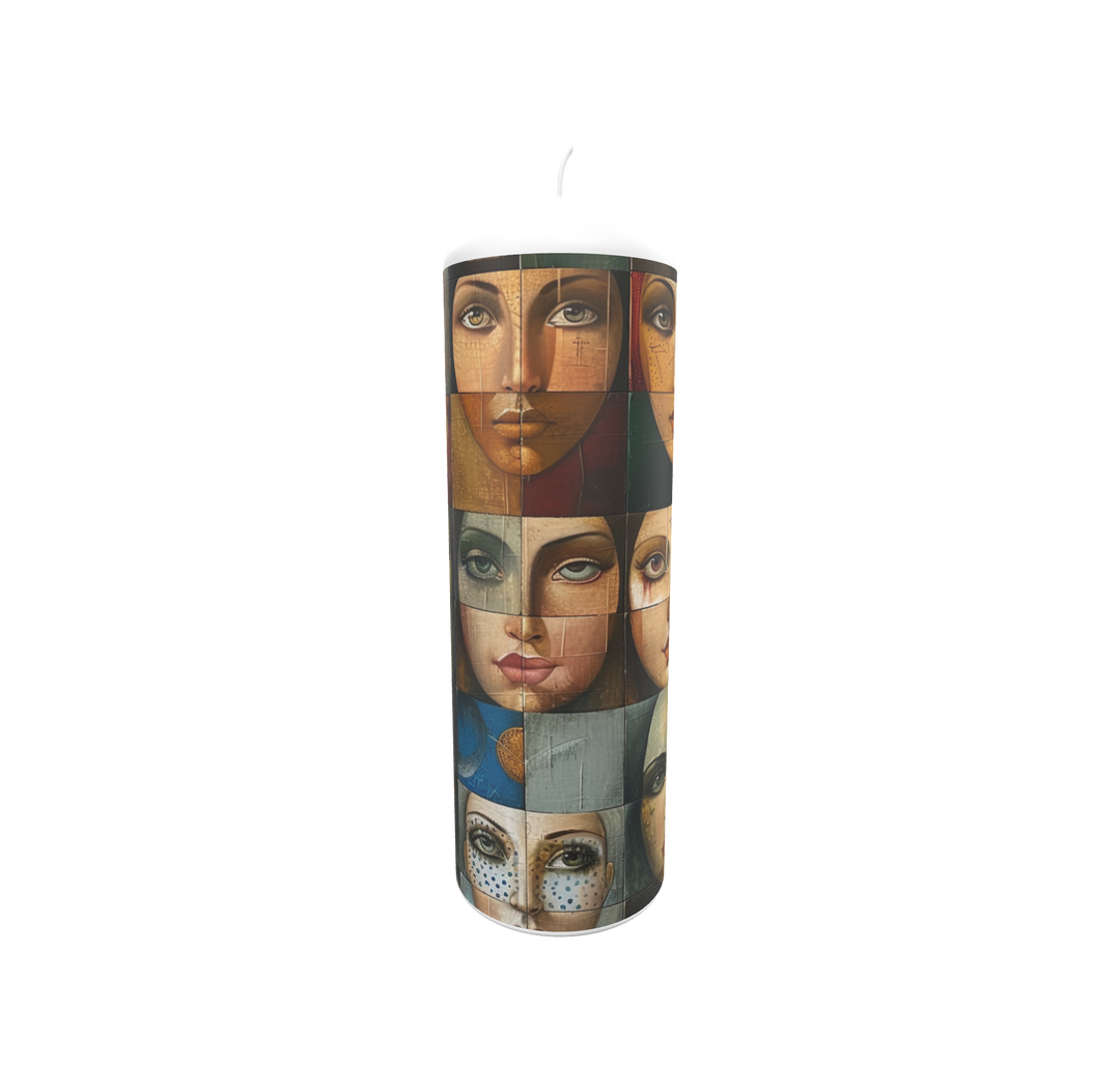 Künstlerkerze mit Mosaik aus Gesichtern in warmen Farbtönen – Symbol für Vielfalt, Emotion und Identität, handgefertigt in Deutschland.