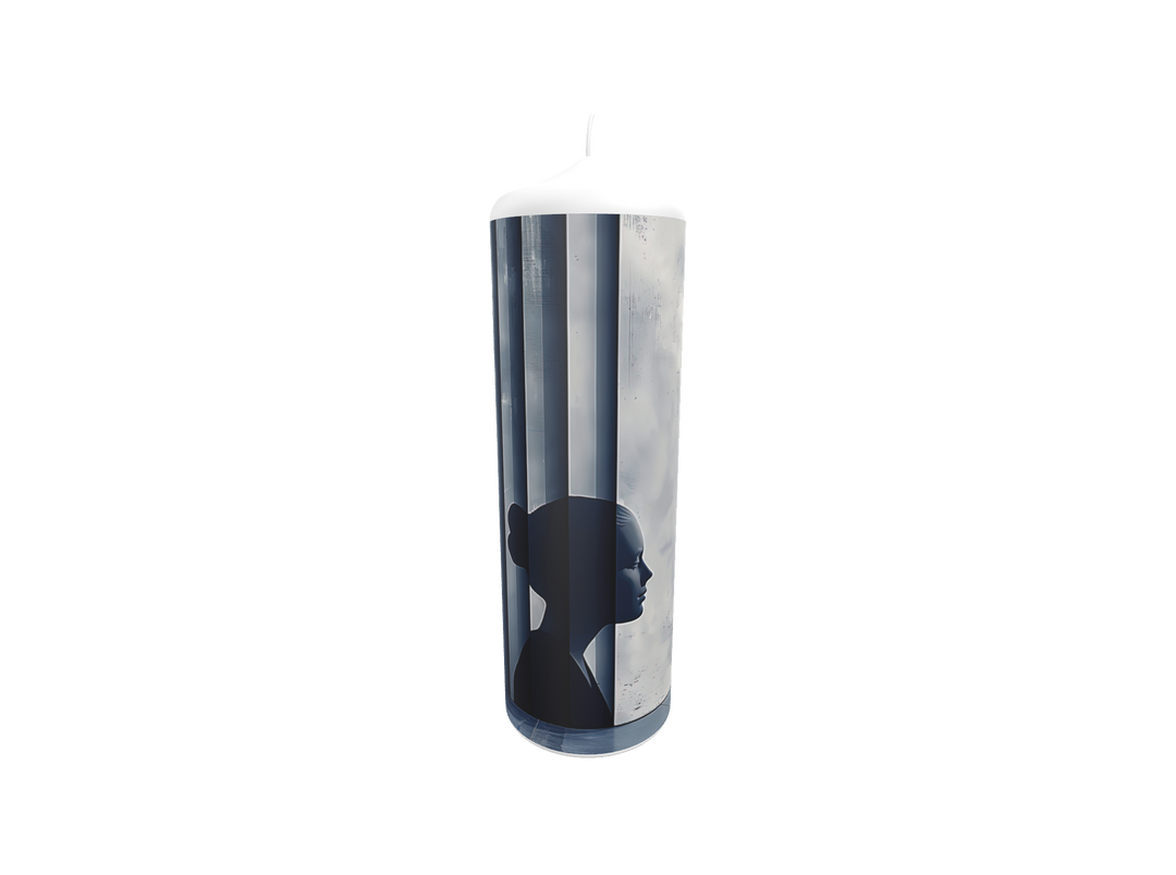 Künstlerkerze mit Silhouette und Streiflicht auf vertikalen Schattenlinien – Spiel von Licht und Dunkelheit in moderner Klarheit.