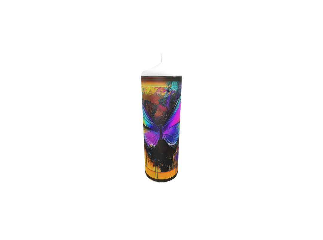 Künstlerkerze mit leuchtendem Schmetterling in Violett und Blau – Symbol für Wandel, Freiheit und innere Verwandlung.