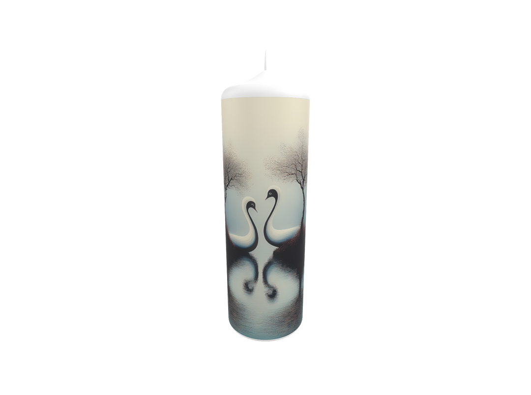 Künstlerkerze mit zwei stilisierten Schwänen in sanfter Nebelszene – Symbol für Liebe, Stille und seelische Verbundenheit.