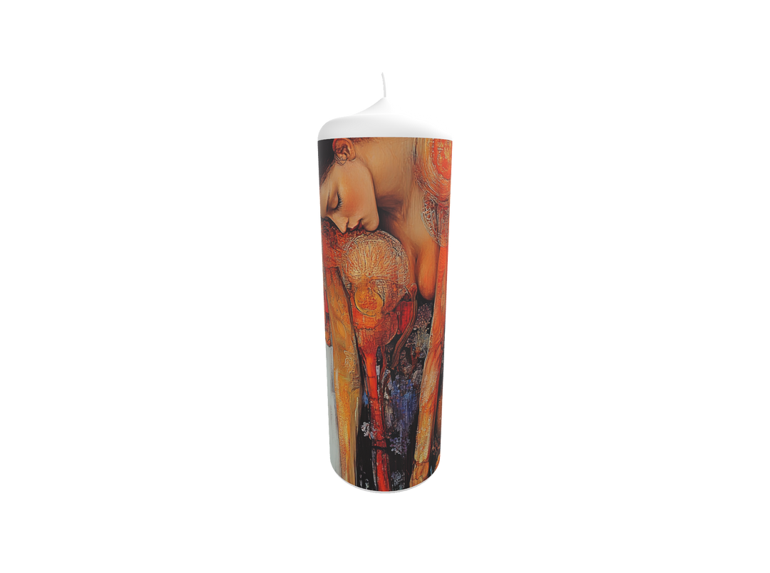 Künstlerkerze mit nachdenklicher Figur in warmem Rot-Orange und goldener Lichtwirkung – Symbol für Innenschau und emotionale Tiefe.
