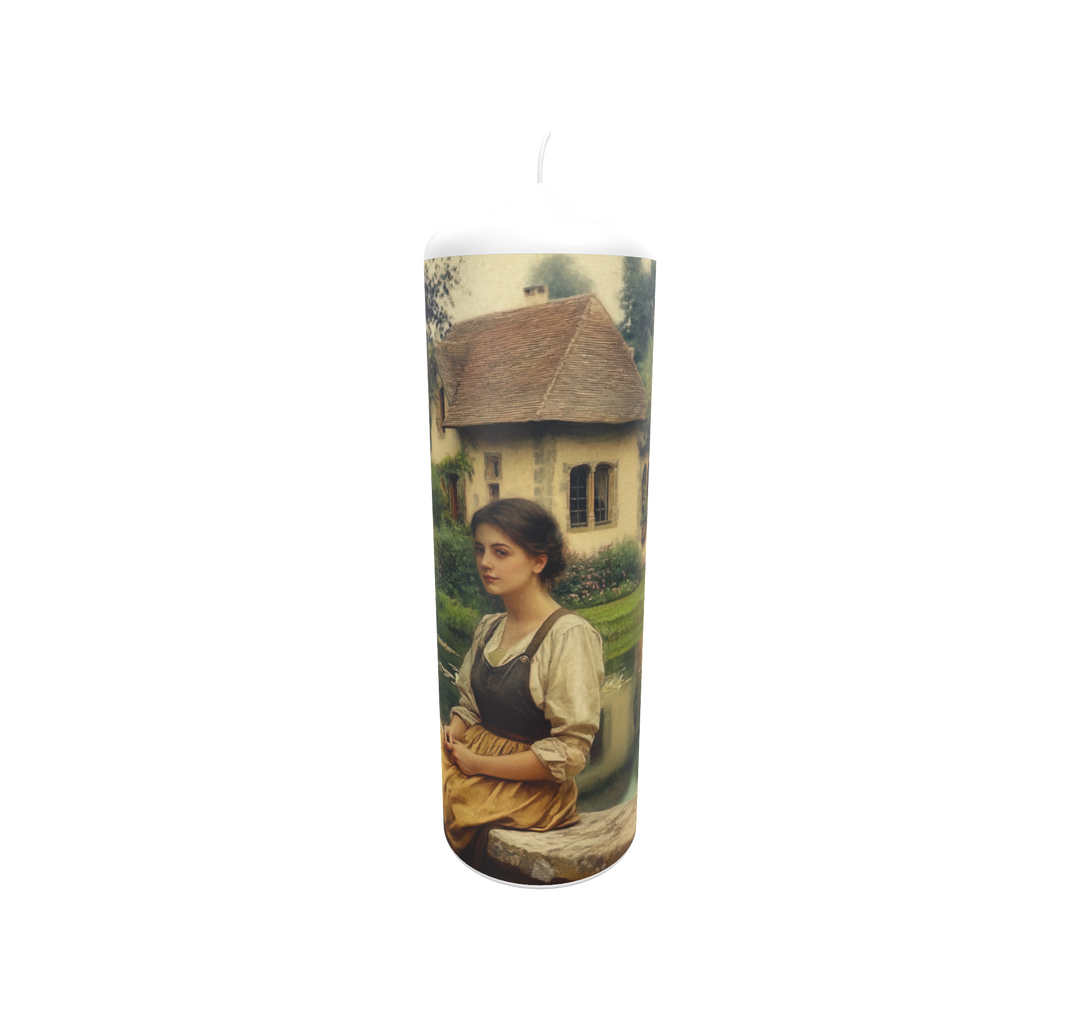 Künstlerkerze mit ruhiger Seeszenerie, Haus und sitzender Frau in nachdenklicher Stimmung.
