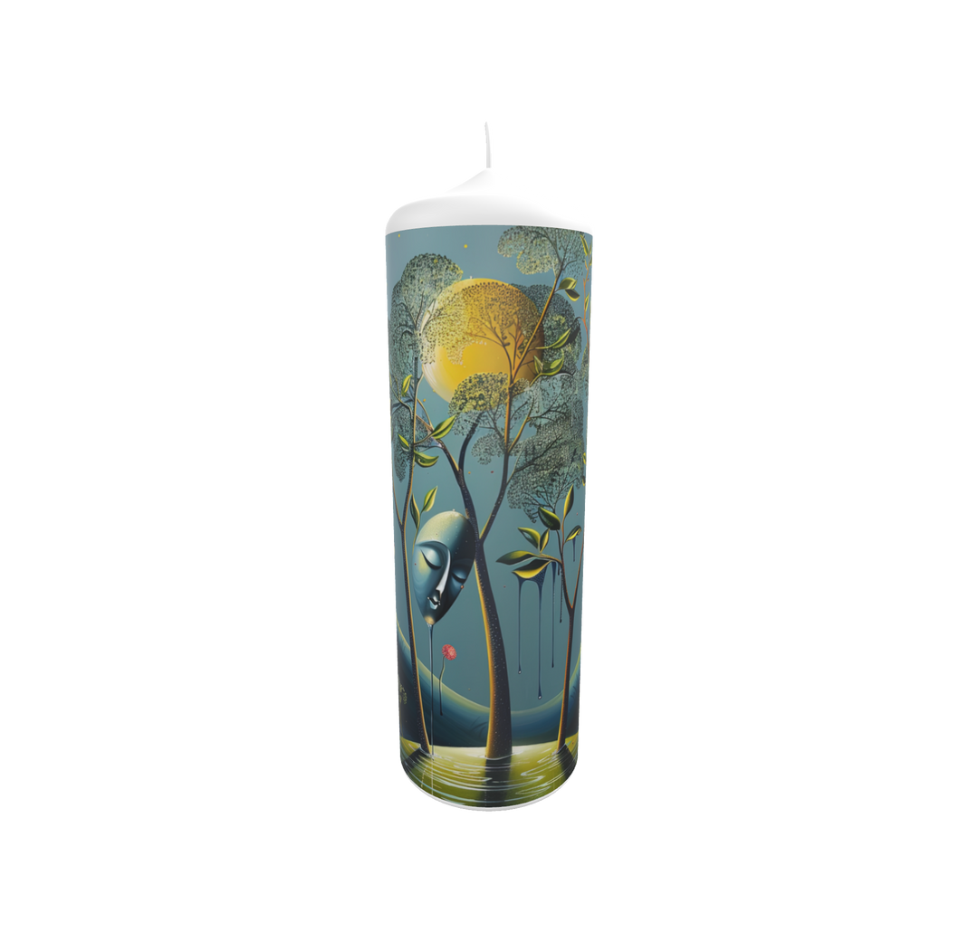 Künstlerkerze mit mystischem Waldmotiv, goldener Sonne und träumerischer Lichtstimmung.