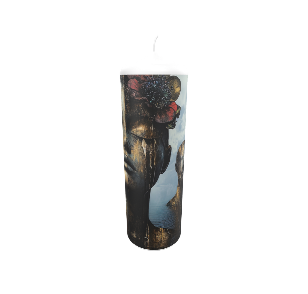 Künstlerkerze mit dunklem Porträt, ergänzt durch Verläufe und Wassermotive.