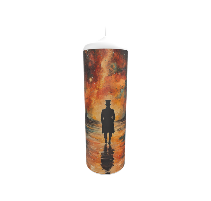 Künstlerkerze mit Motiv „Wanderer zwischen Welten“ – Silhouette am Meer vor feurigem Himmel, symbolische handgefertigte Kunstkerze.