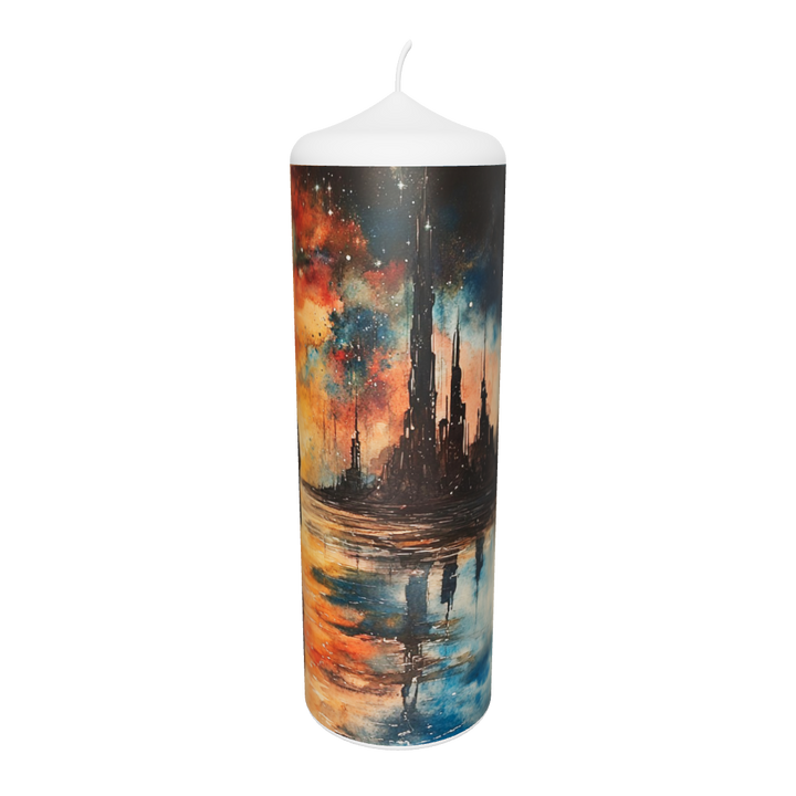 Künstlerkerze mit Motiv „Wanderer zwischen Welten“ – Silhouette am Meer vor feurigem Himmel, symbolische handgefertigte Kunstkerze in 3d Ansicht.