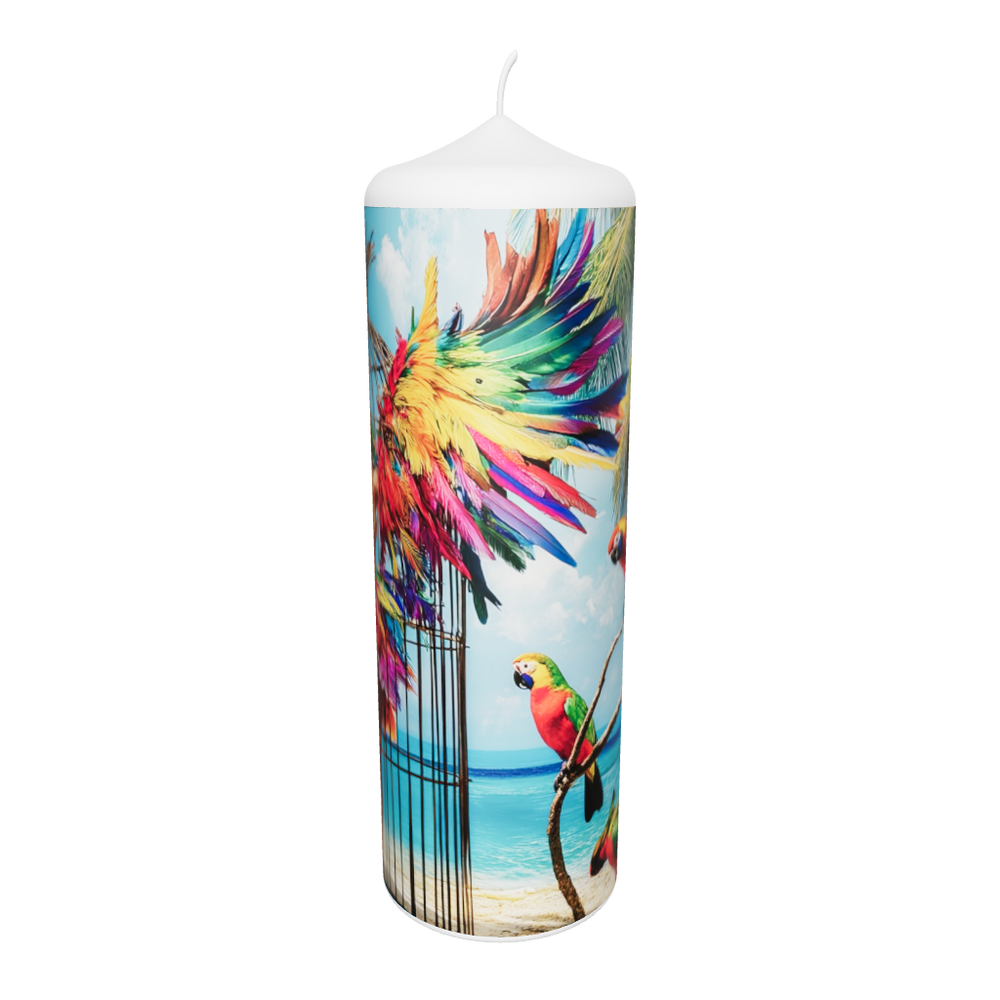Künstlerkerze mit Motiv „Gefangene Freiheit“ – bunte Flügel, Vogelkäfig und tropischer Hintergrund als Symbol für Sehnsucht, Mut und innere Befreiung als 33d Ansicht.