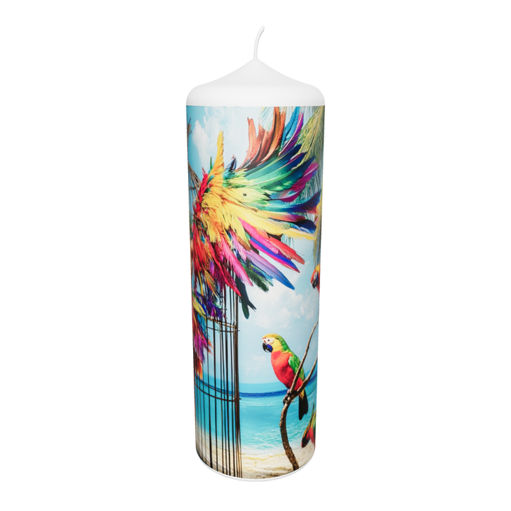 Künstlerkerze mit Motiv „Gefangene Freiheit“ – bunte Flügel, Vogelkäfig und tropischer Hintergrund als Symbol für Sehnsucht, Mut und innere Befreiung als 33d Ansicht.