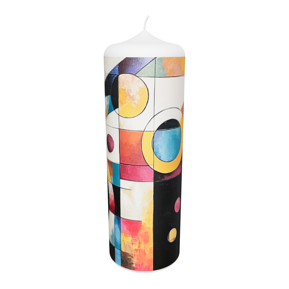 Künstlerkerze mit abstrakten geometrischen Formen und kräftigen Farben – moderne Komposition aus Kreisen, Flächen und Linien in harmonischer Balance.