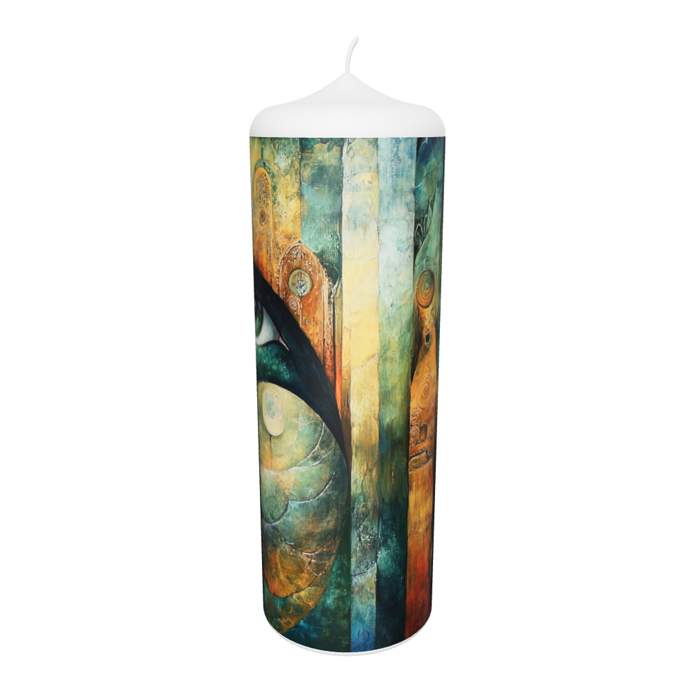 Künstlerkerze mit abstraktem Auge und sphärischem Farbverlauf in Blau- und Goldtönen – symbolisches Motiv für Ewigkeit, Wahrnehmung und Inneres Licht.