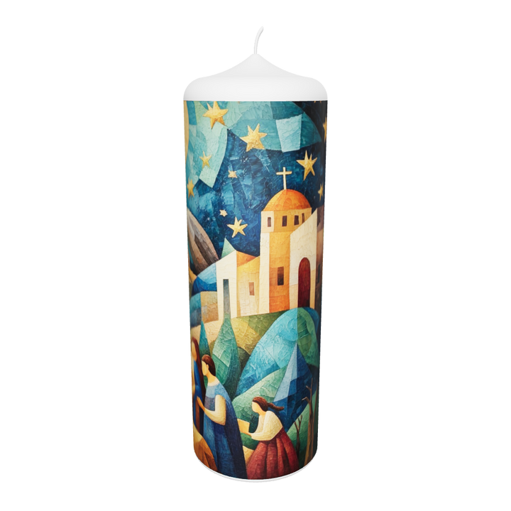 Künstlerkerze mit Weihnachtsmotiv und nächtlicher Stadtszene – stilisierte Darstellung von Bethlehem mit Sternenhimmel und warmen Farben.