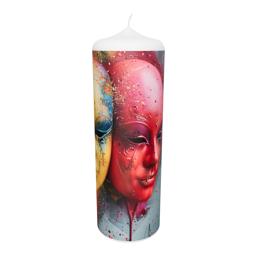 Künstlerkerze mit rotem Porträt und verdecktem Gesicht – emotionaler Ausdruck zwischen Licht, Farbe und Symbolik.