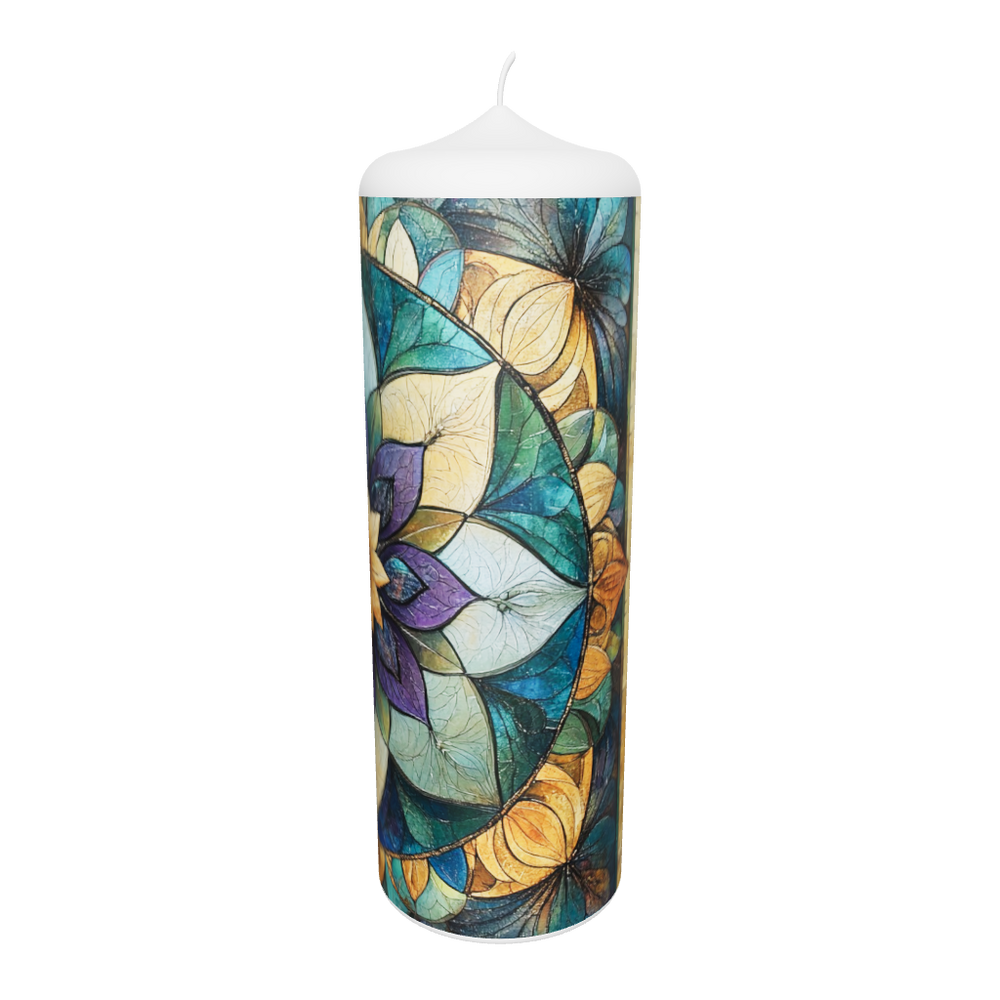 Künstlerkerze mit Mandala-Illustration in kräftigen Farben – harmonisches Design mit floraler Struktur und ruhiger Balance.