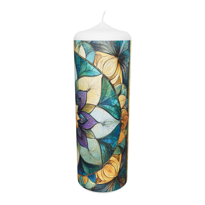 Künstlerkerze mit Mandala-Illustration in kräftigen Farben – harmonisches Design mit floraler Struktur und ruhiger Balance.