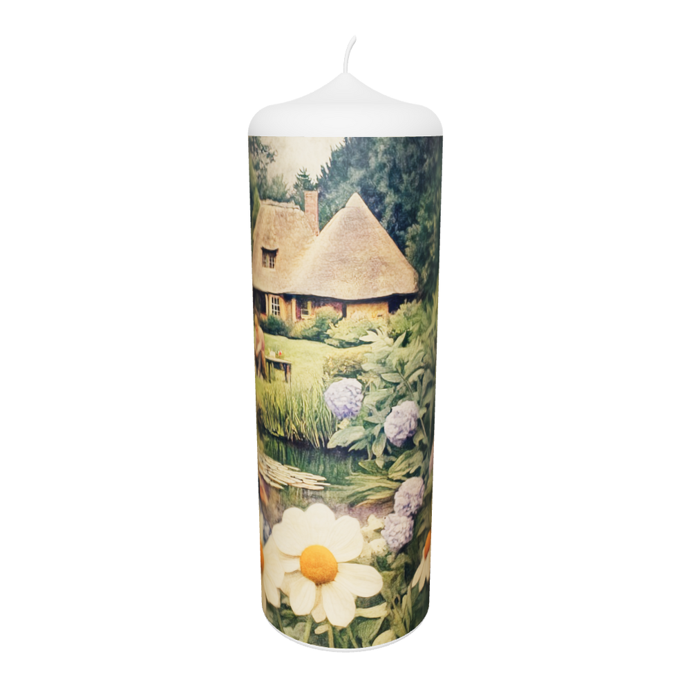Künstlerkerze mit friedlicher Landschaft, Haus am Teich und Blumenwiese – malerisches Motiv in sanften Naturfarben.