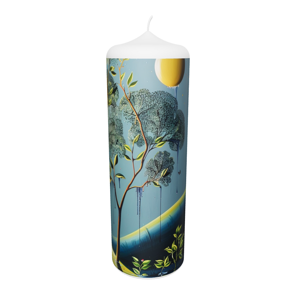 Künstlerkerze mit mystischem Waldmotiv, goldener Sonne und träumerischer Lichtstimmung.