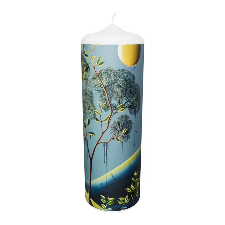 Künstlerkerze mit mystischem Waldmotiv, goldener Sonne und träumerischer Lichtstimmung.