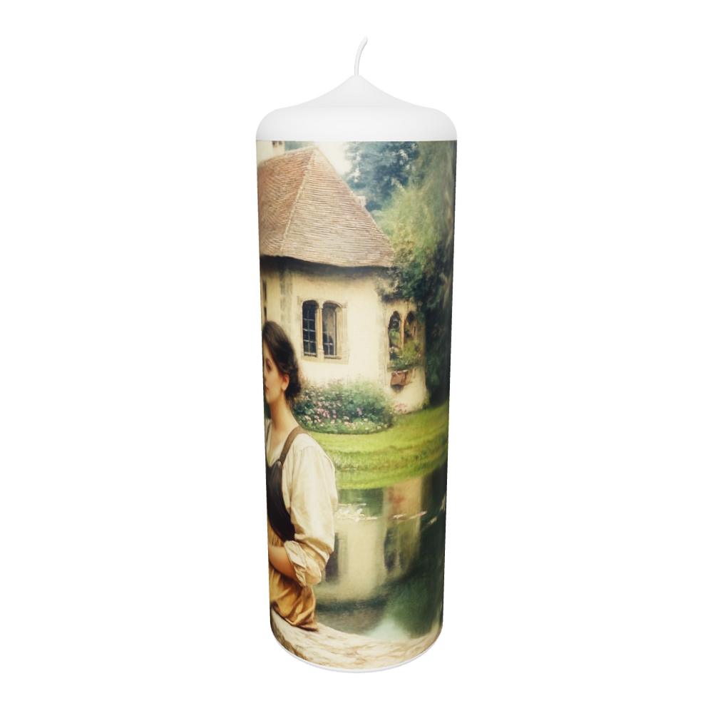 Künstlerkerze mit ruhiger Seeszenerie, Haus und sitzender Frau in nachdenklicher Stimmung.