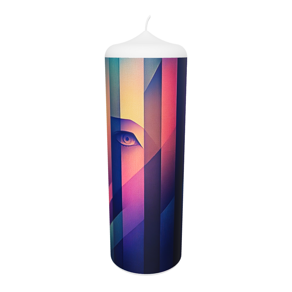 Künstlerkerze mit buntem Streifenmuster im 3D-Look.