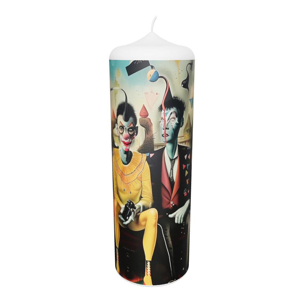 Künstlerkerze mit expressiven Masken und farbintensiven Figuren in surrealer Szene.