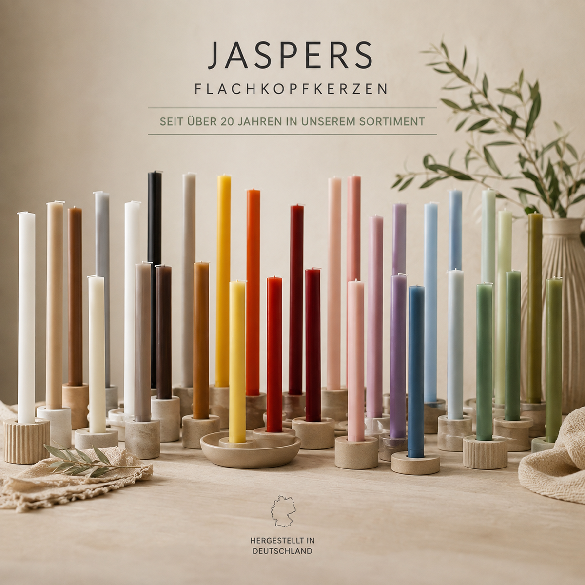 JASPERS Flachkopfkerzen in vielen Farben und Größen für stilvolle Tischdekorationen und Kerzenhalter