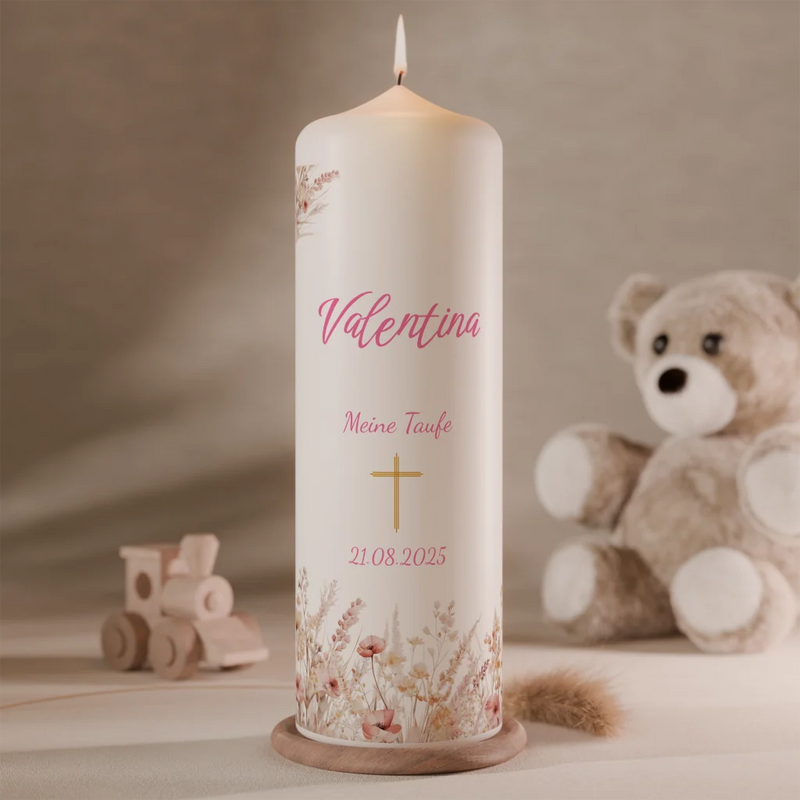 Florale Taufkerzen mit Blumen und Kreuz