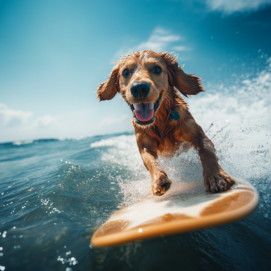Glücklicher Golden Retriever beim Surfen im Meer